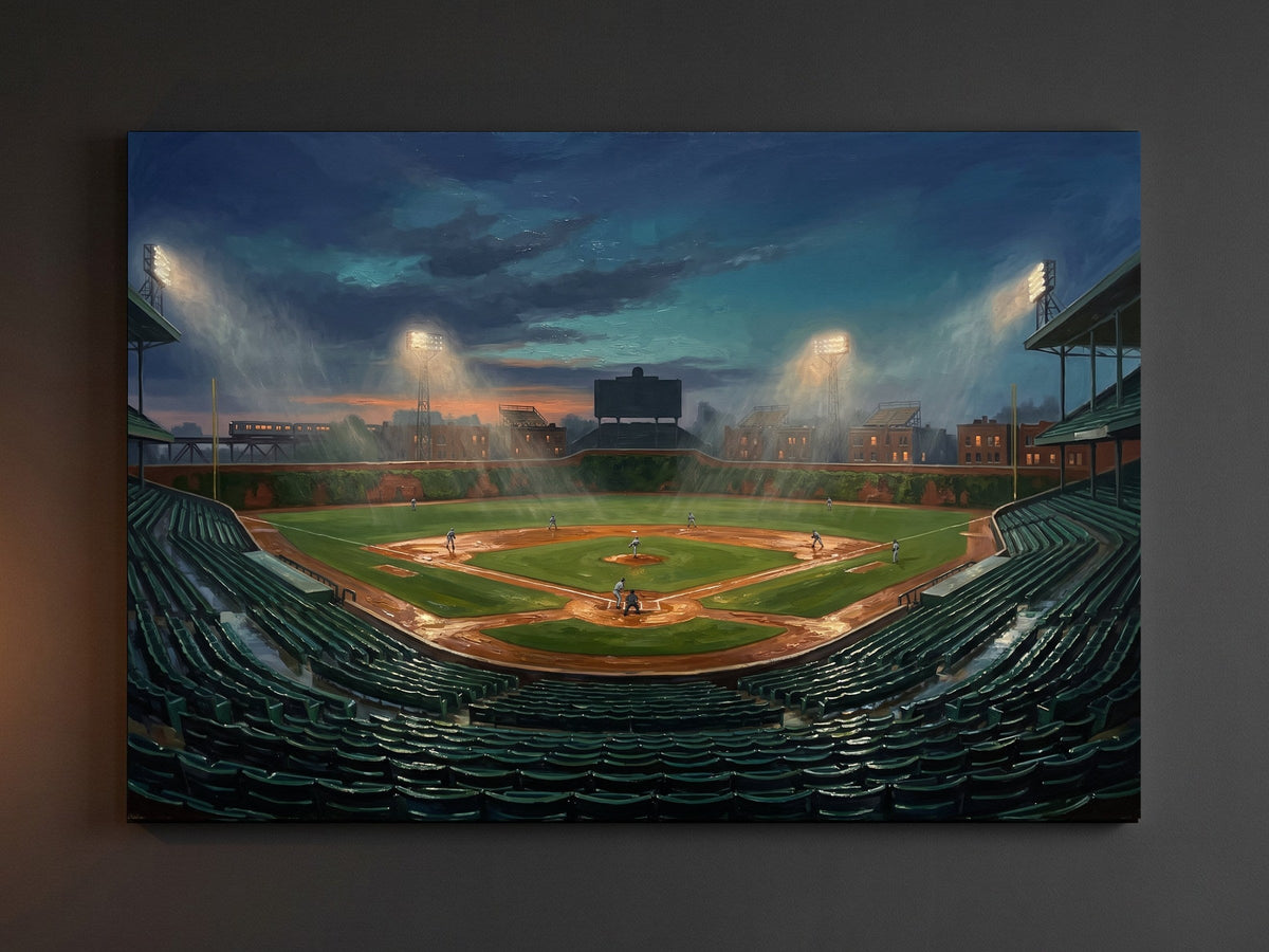 Chicago North Side ballpark painting on canvas hanging on a wall