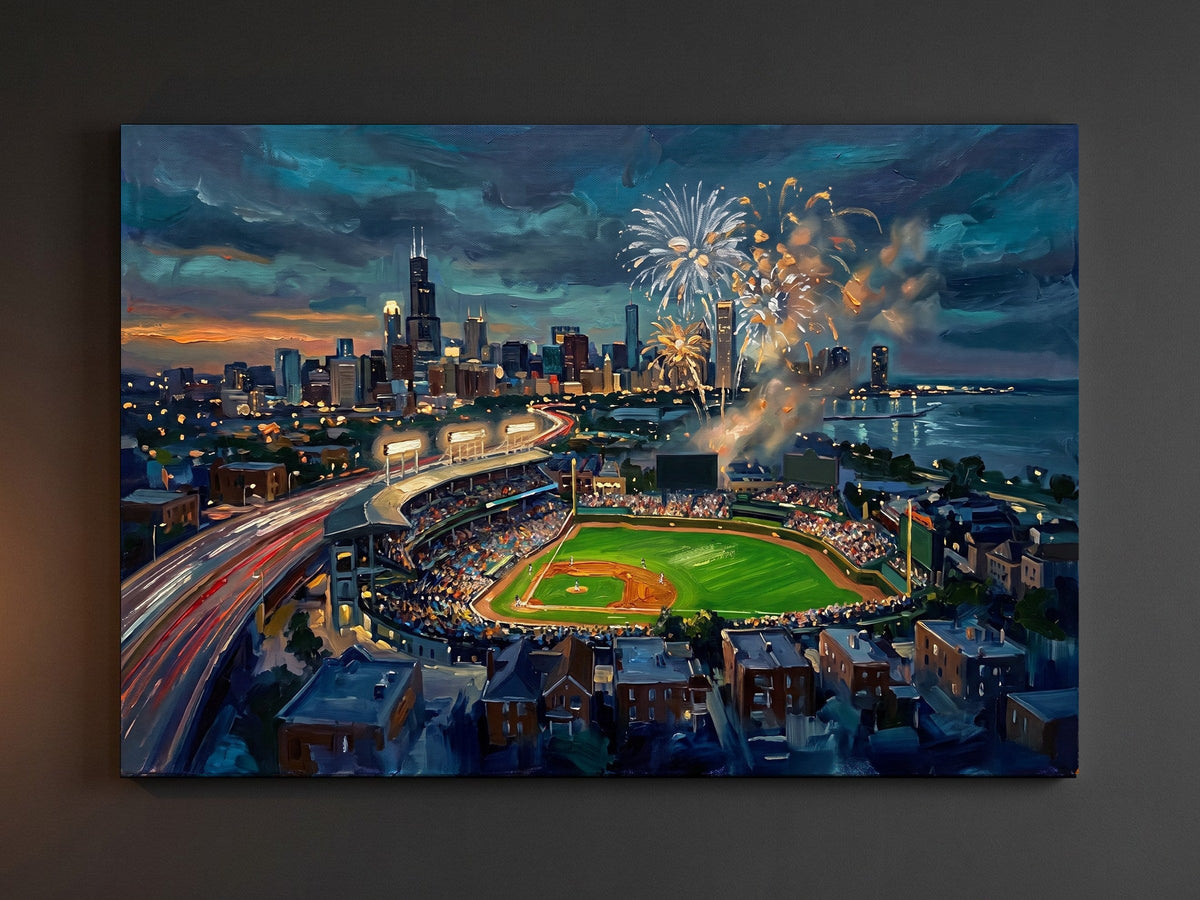 Chicago South Side ballpark painting with fireworks, on canvas