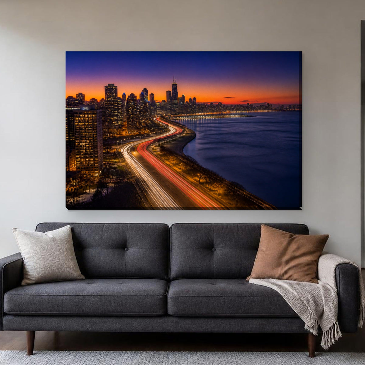 Lake Shore Drive at dusk Chicago skyline canvas hanging above a sofa