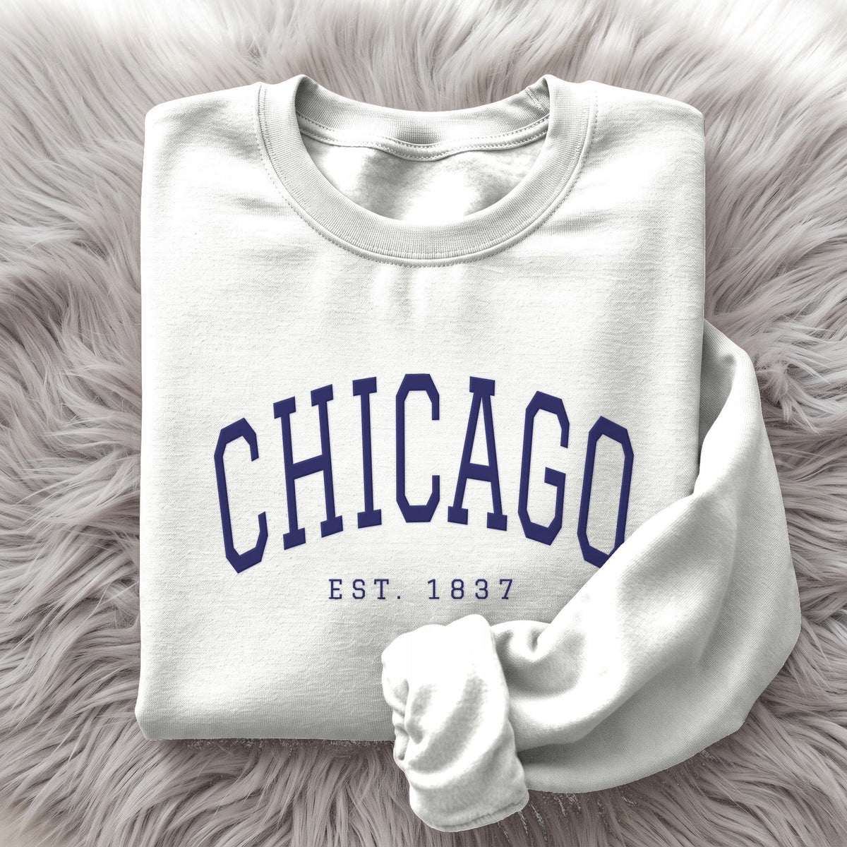 Chicago Est. 1837 embroidered crewneck, navy satin thread on white
