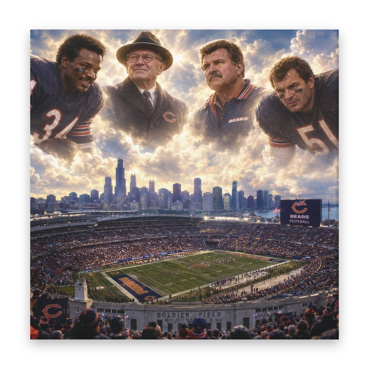 Painting of Coach Mike Ditka among Chicago football legends above the lakefront stadium