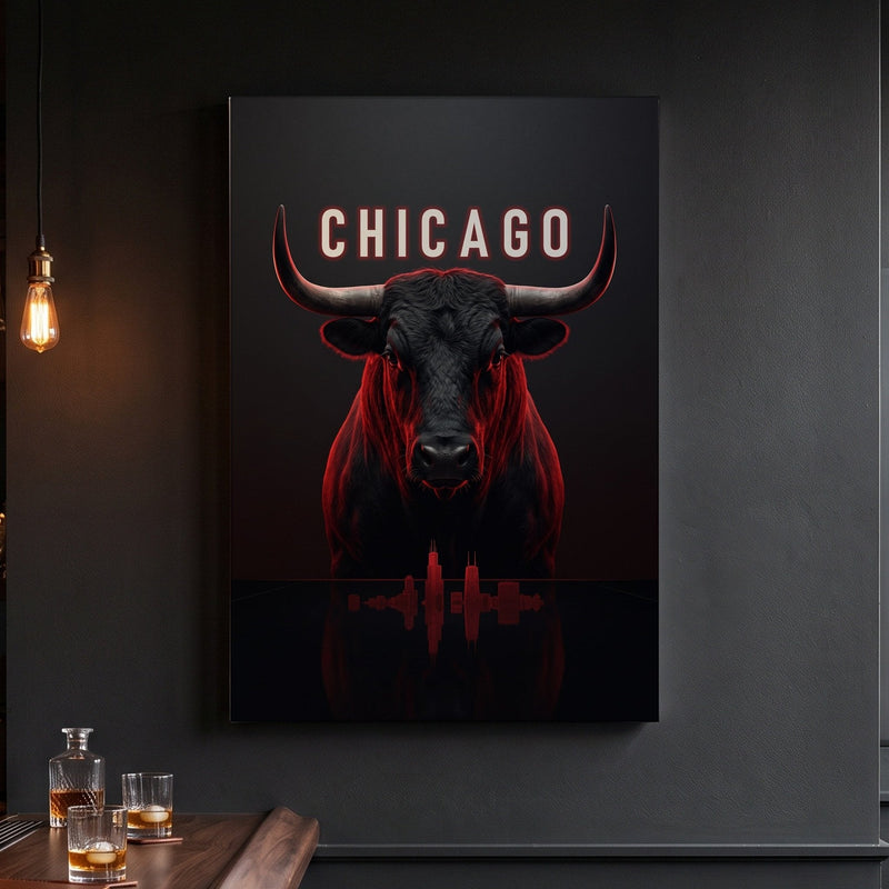 Dark bull canvas hanging in a moody home bar