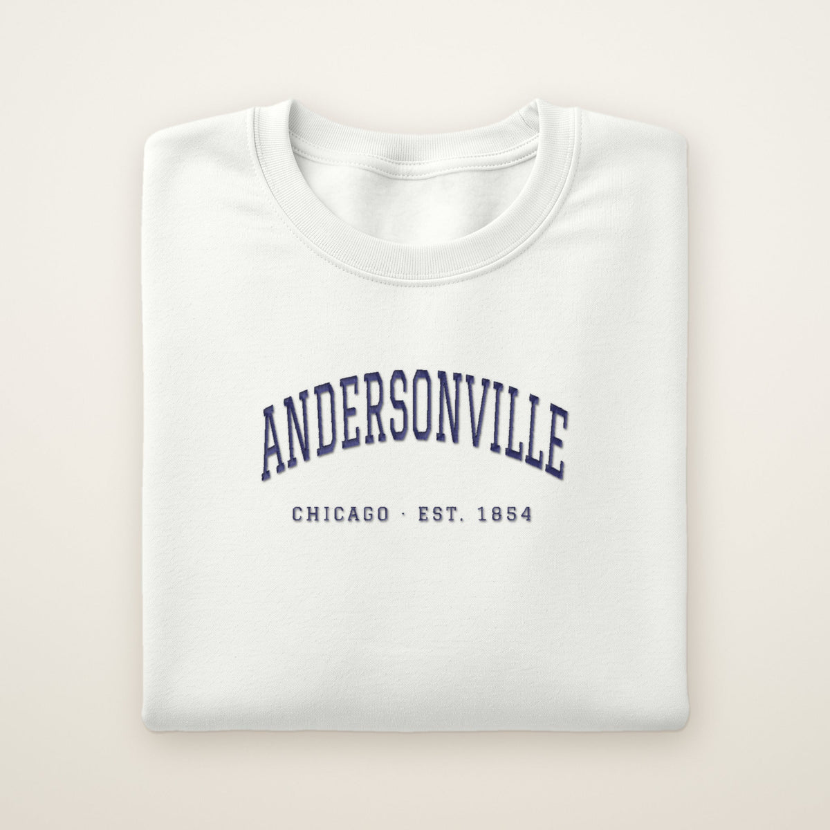 Andersonville Chicago embroidered crewneck in white with navy thread