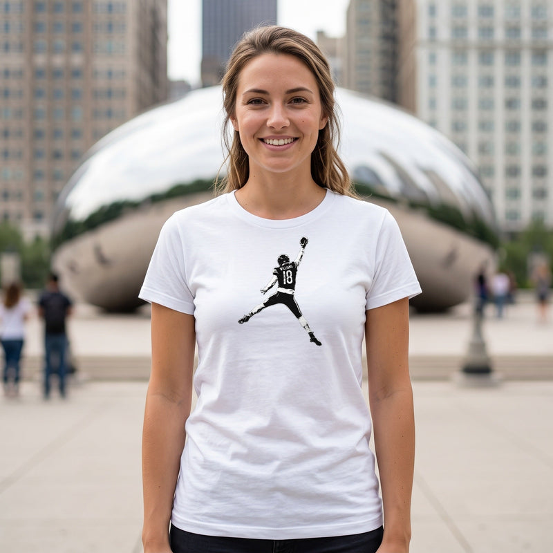 Woman wearing the Caleb Williams Jump Man tee in white near the Bean in Chicago