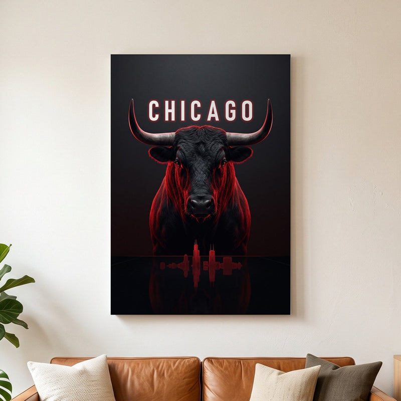 Madhouse on Madison Chicago bull canvas above a leather sofa