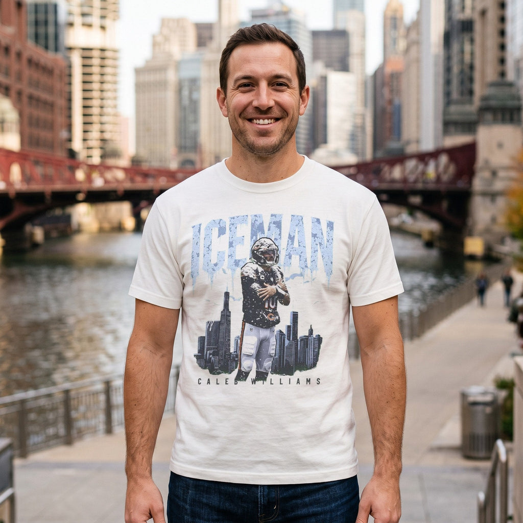 Man wearing the Caleb Williams Iceman t-shirt in white on the Chicago Riverwalk