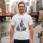 Man wearing the Caleb Williams Iceman t-shirt in white on the Chicago Riverwalk