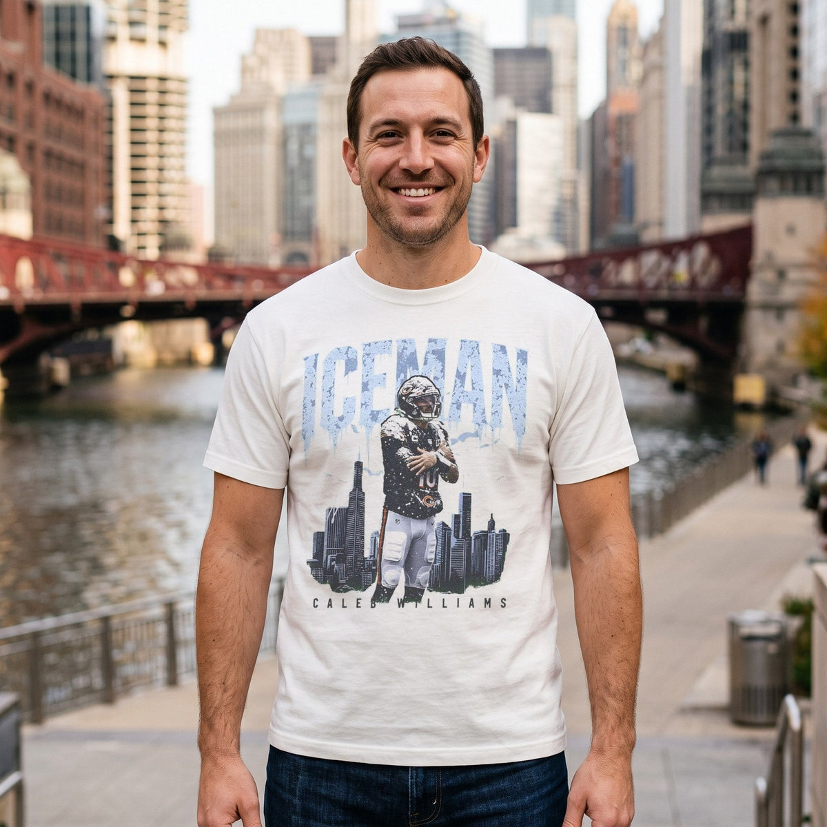 Man wearing the Caleb Williams Iceman t-shirt in white on the Chicago Riverwalk