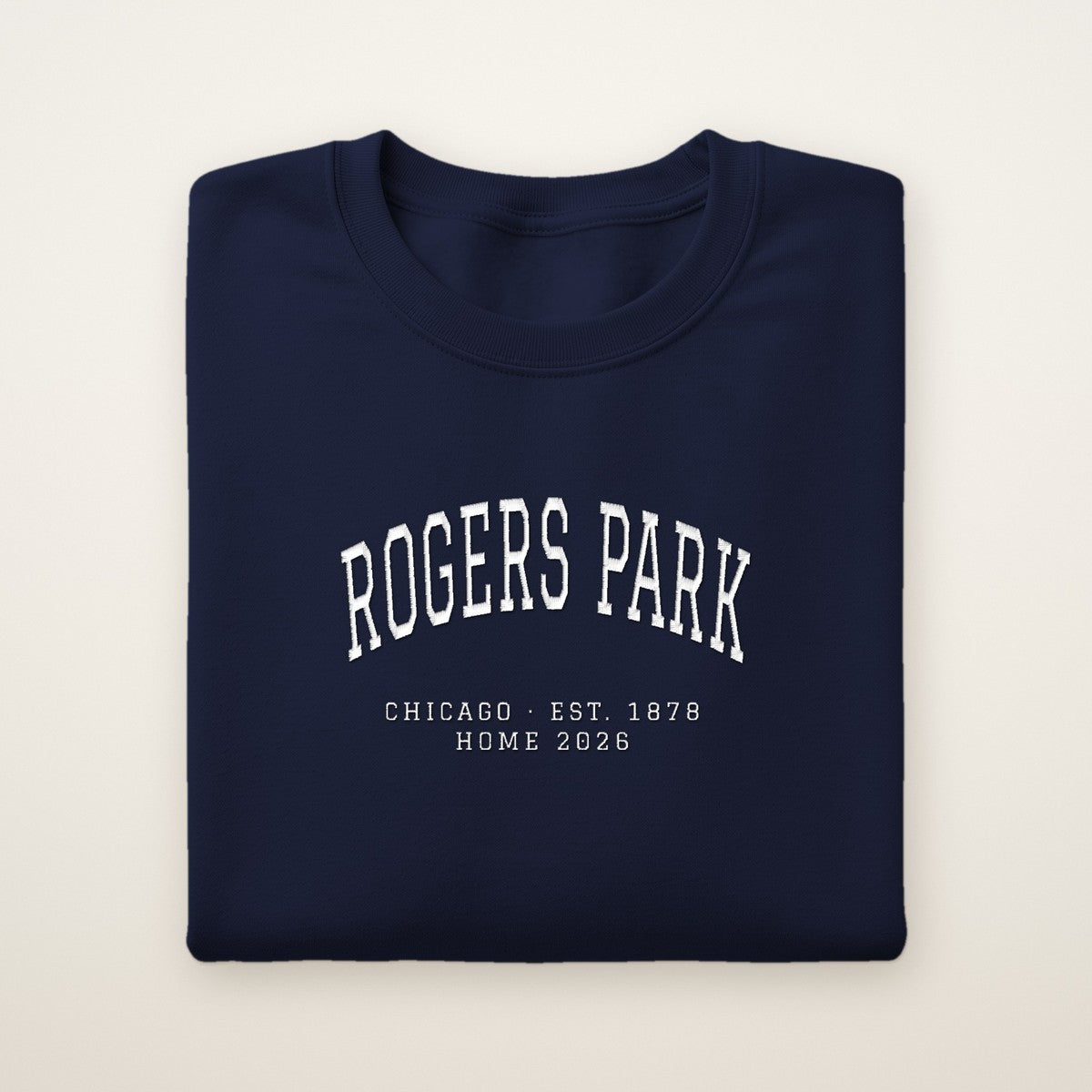 Rogers Park Chicago Home 2026 Embroidered Crewneck — White Thread