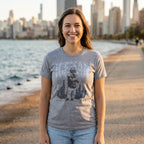 Woman wearing the Caleb Williams Iceman t-shirt in sport grey on the Chicago lakefront