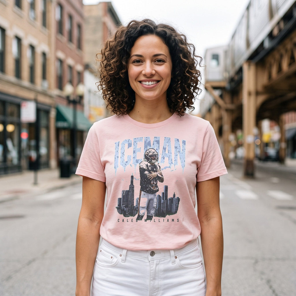 Woman wearing the Caleb Williams Iceman t-shirt in light pink in Wicker Park, Chicago