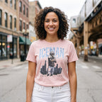 Woman wearing the Caleb Williams Iceman t-shirt in light pink in Wicker Park, Chicago
