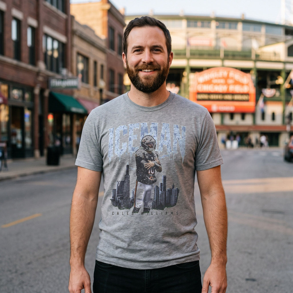 Man wearing the Caleb Williams Iceman t-shirt in sport grey in Wrigleyville, Chicago