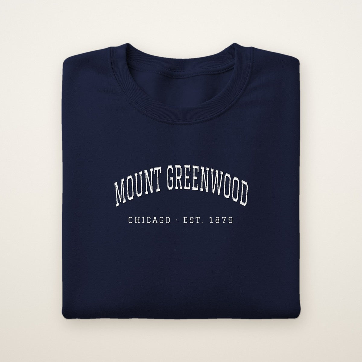 Mount Greenwood Chicago Embroidered Crewneck — White Thread