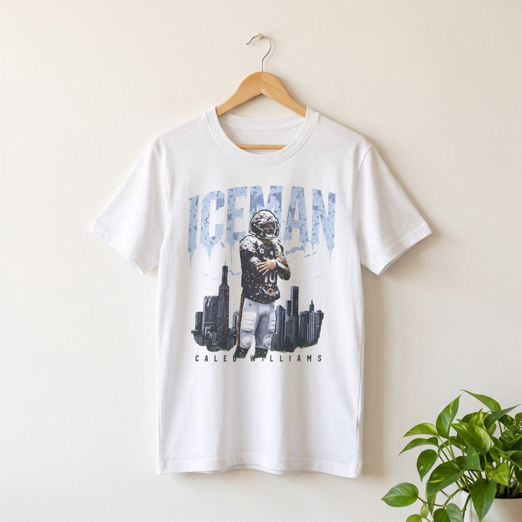 Caleb Williams Iceman t-shirt in white on a wooden hanger