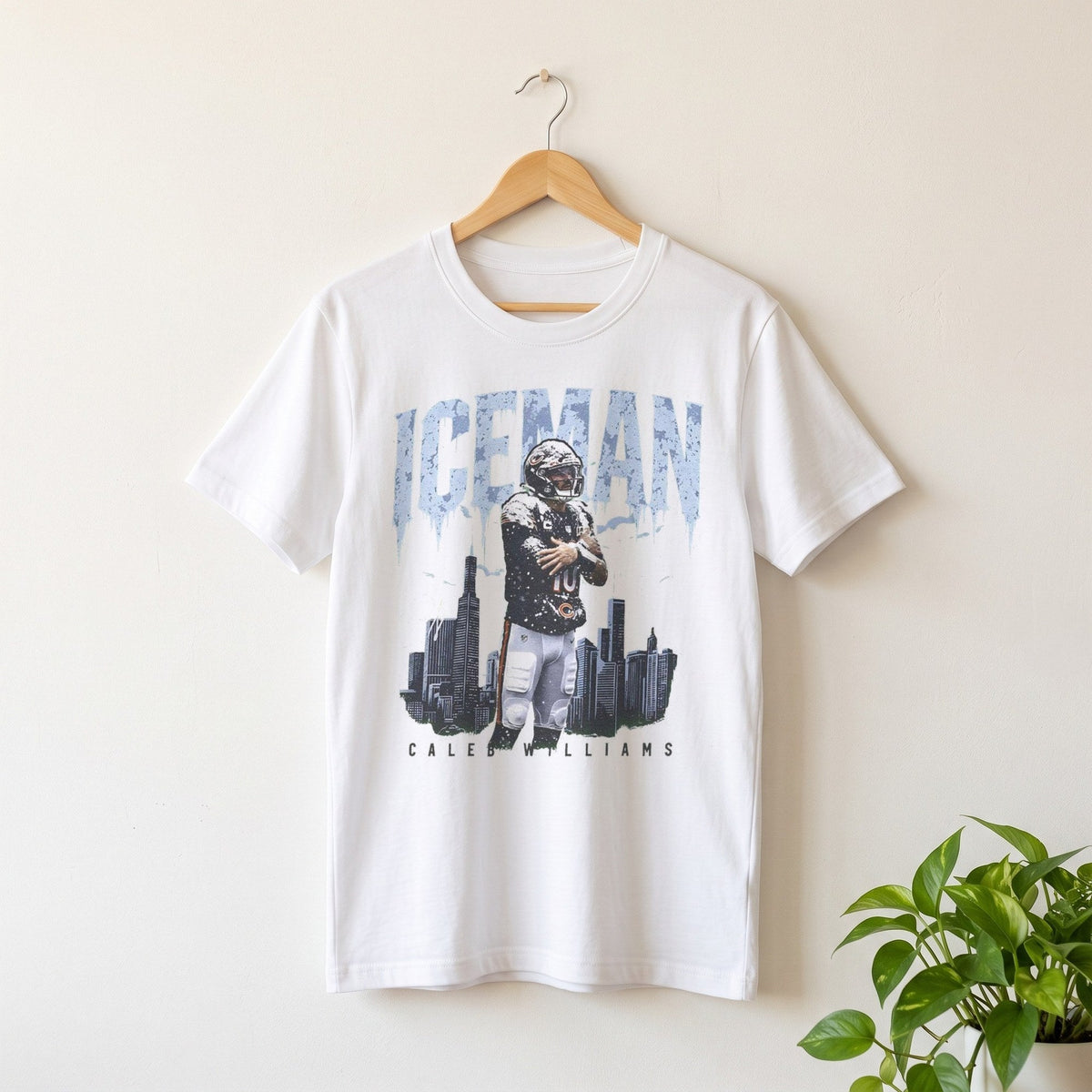 Caleb Williams Iceman t-shirt in white on a wooden hanger