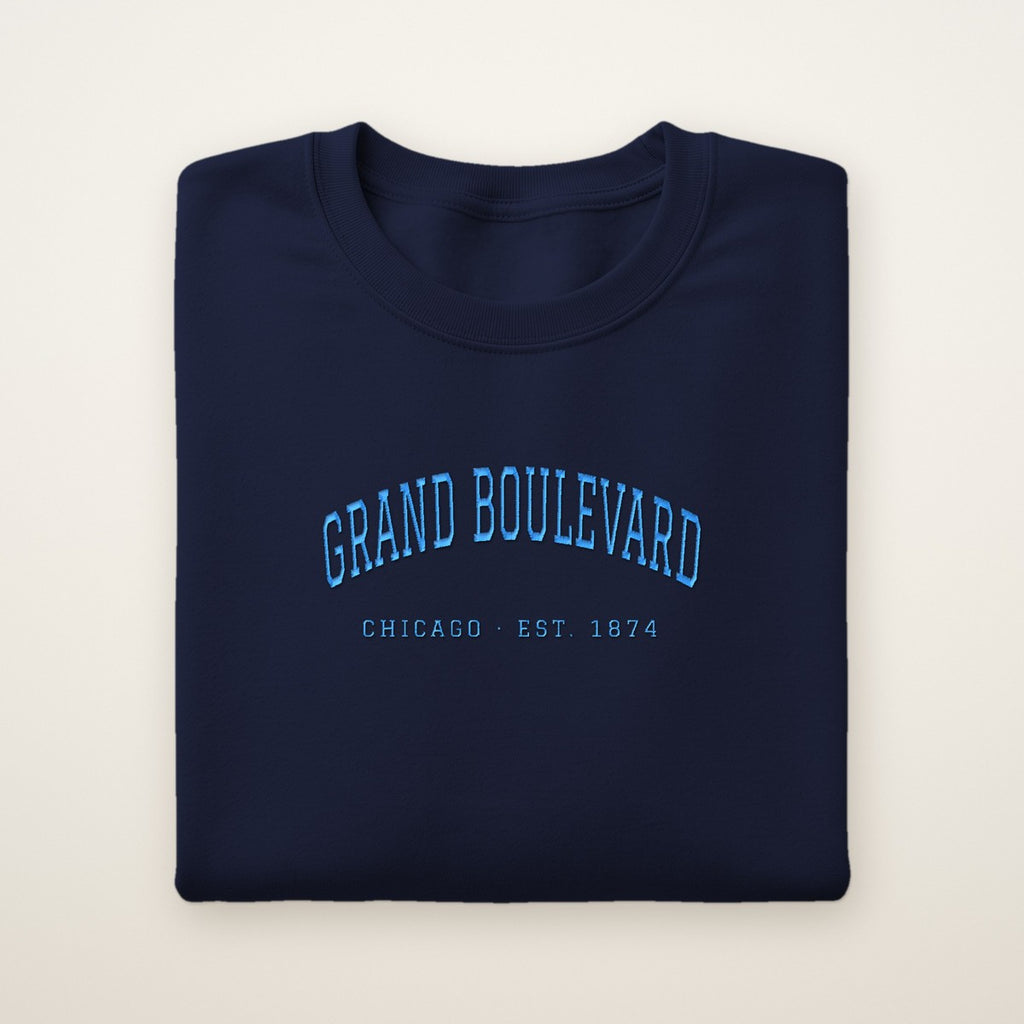 Grand Boulevard Chicago Embroidered Crewneck — Sky Blue Thread