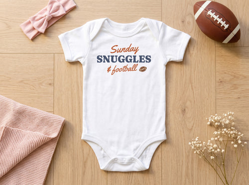 Sunday Snuggles and Football baby bodysuit, white