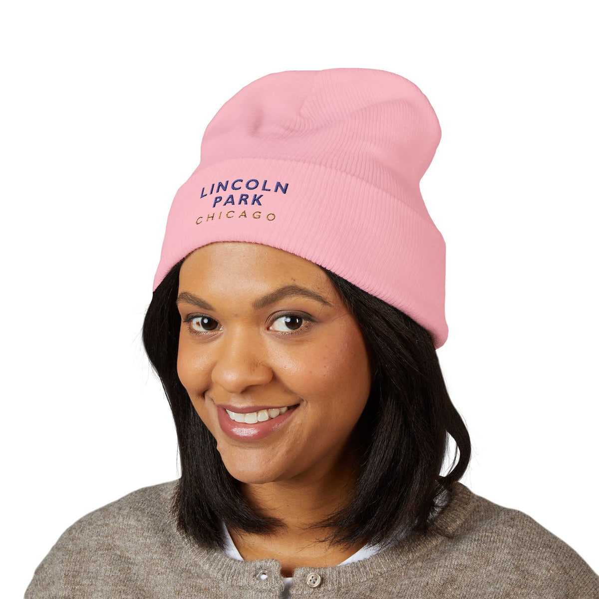 Lincoln Park Chicago Embroidered Cuffed Beanie, White