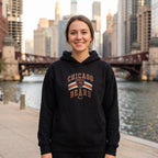 Chicago Bears retro hoodie in black worn on the Chicago Riverwalk