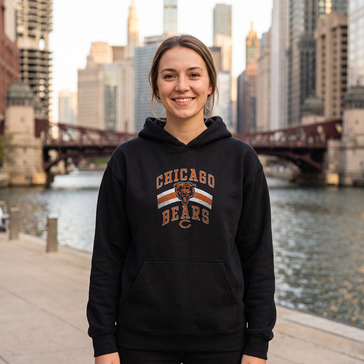 Chicago Bears retro hoodie in black worn on the Chicago Riverwalk