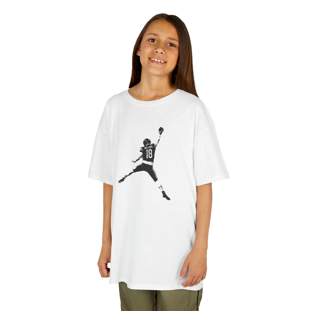 Girl wearing the Youth Caleb Williams Jump Man t-shirt in white