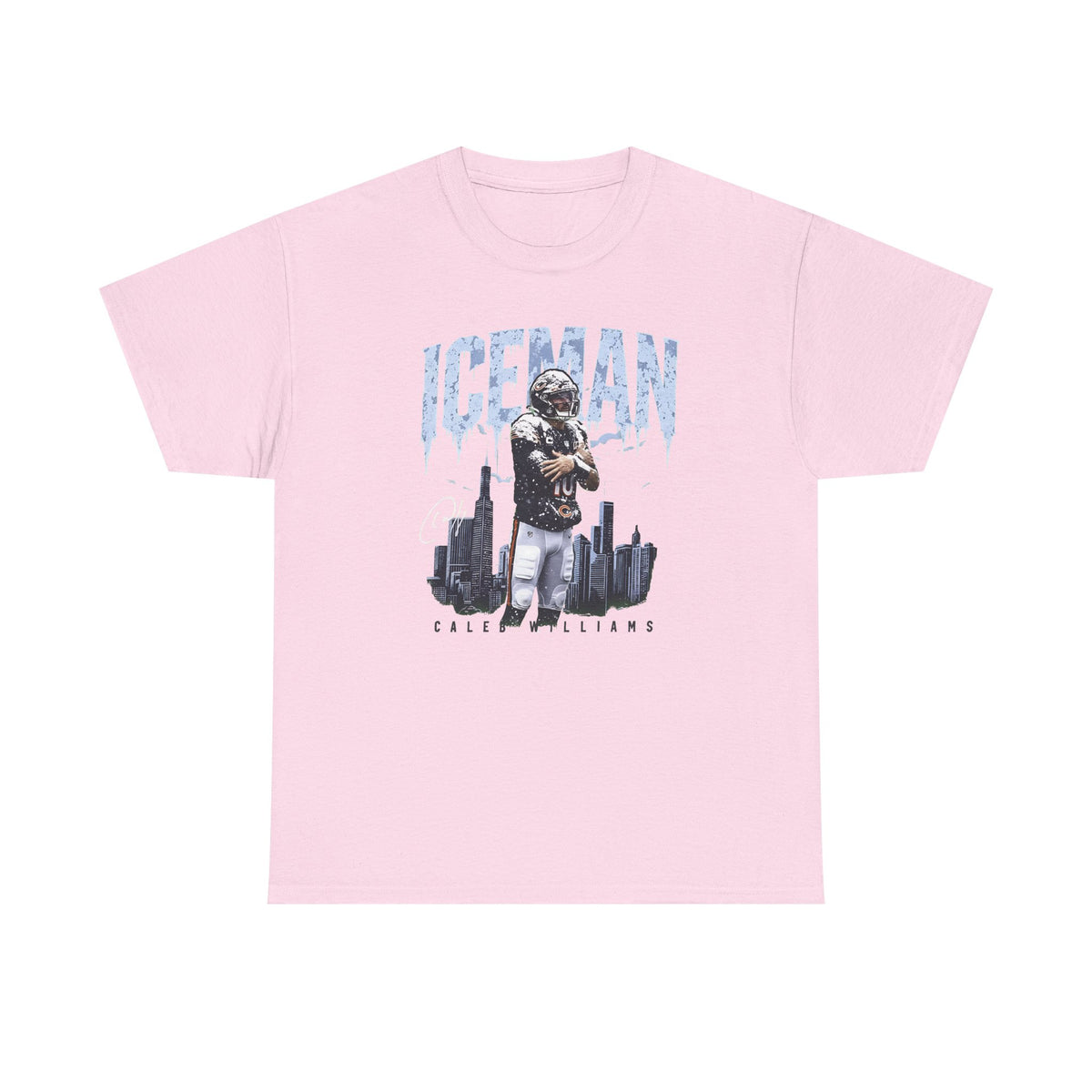 Caleb Williams Iceman t-shirt in light pink, front view