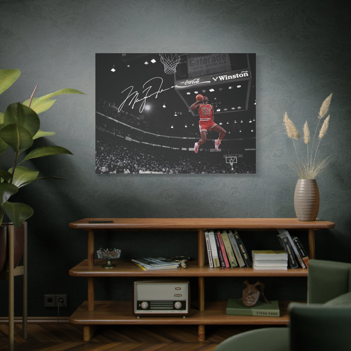 Michael Jordan slam dunk canvas wall art on a green wall above a wooden bookshelf