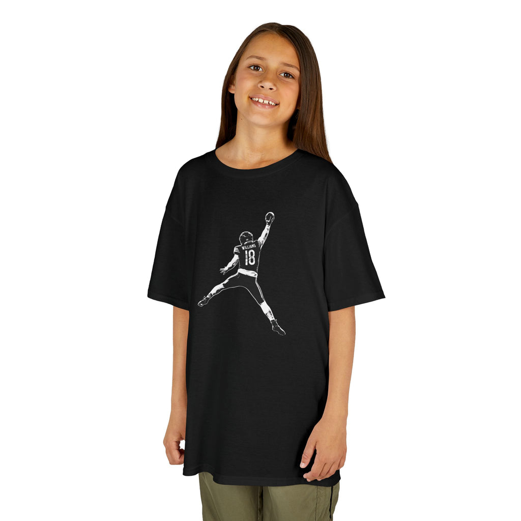 Girl wearing the Youth Caleb Williams Jump Man t-shirt in black