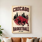 Chicago Basketball vintage bull canvas above a leather sofa