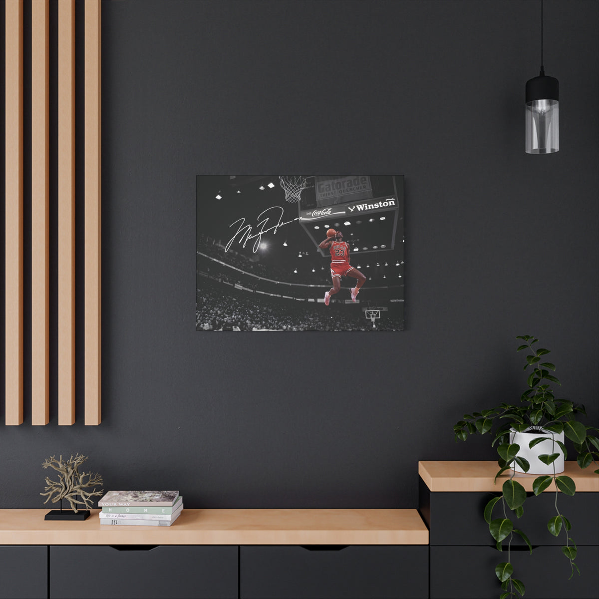 Michael Jordan slam dunk canvas wall art, medium size on a charcoal wall with wood slats