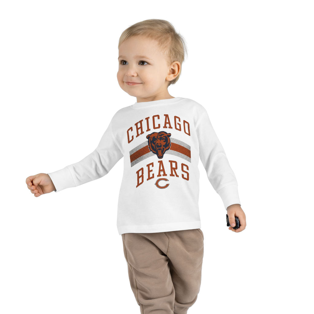 Toddler wearing the Vintage Chicago Bears toddler long-sleeve tee in white, side view
