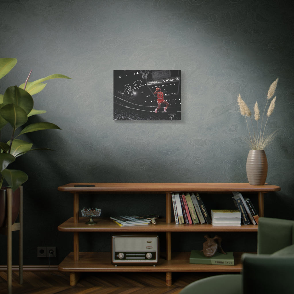 Michael Jordan slam dunk canvas wall art, small size on a green wall above a bookshelf