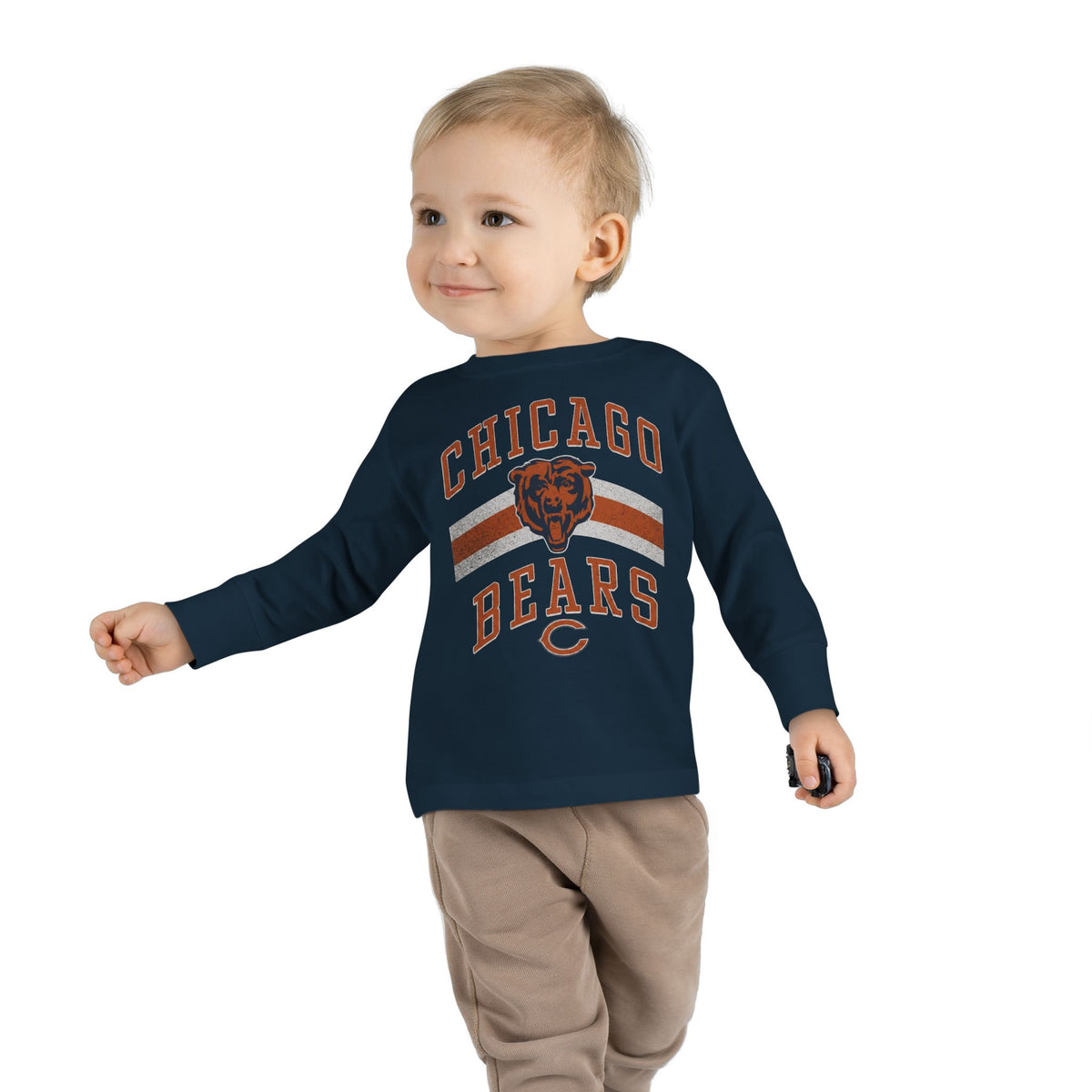 Toddler wearing the Vintage Chicago Bears toddler long-sleeve tee in navy, side view