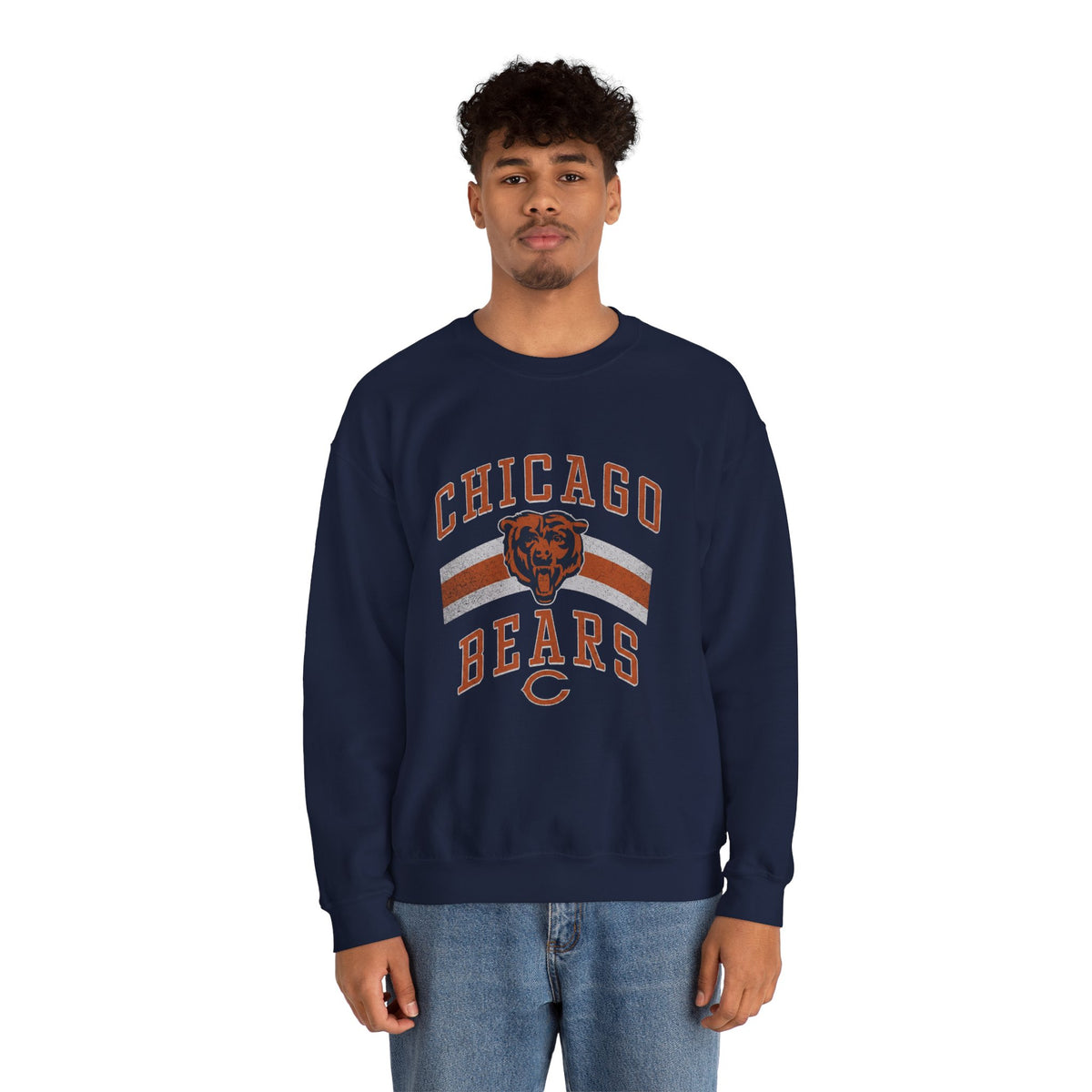 Chicago Bears retro crewneck sweatshirt in navy, front view on a model