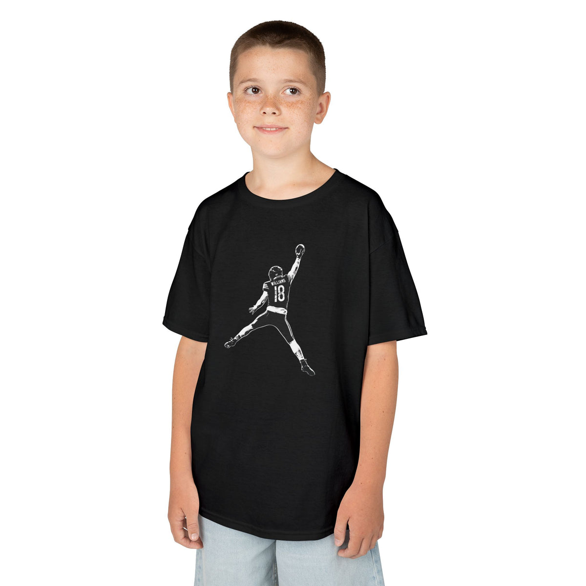 Boy wearing the Youth Caleb Williams Jump Man t-shirt in black