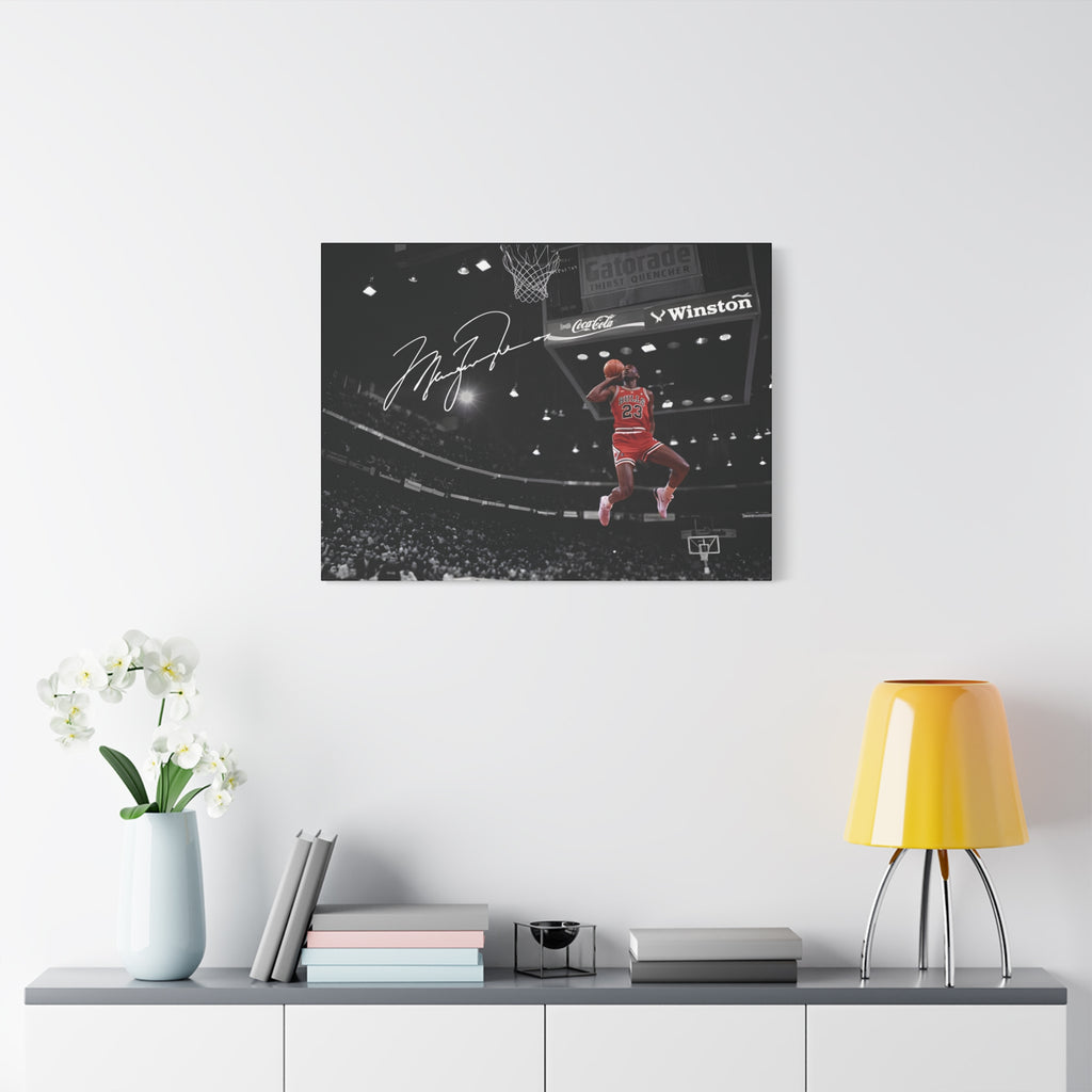 Michael Jordan slam dunk canvas wall art, medium size on a white wall above a sideboard