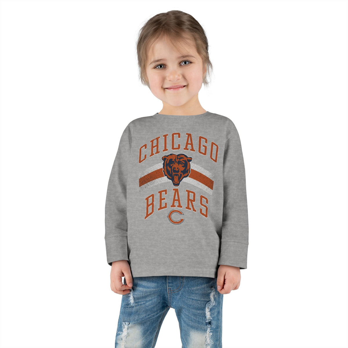 Toddler wearing the Vintage Chicago Bears toddler long-sleeve tee in heather grey