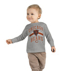 Toddler wearing the Vintage Chicago Bears toddler long-sleeve tee in heather grey, side view