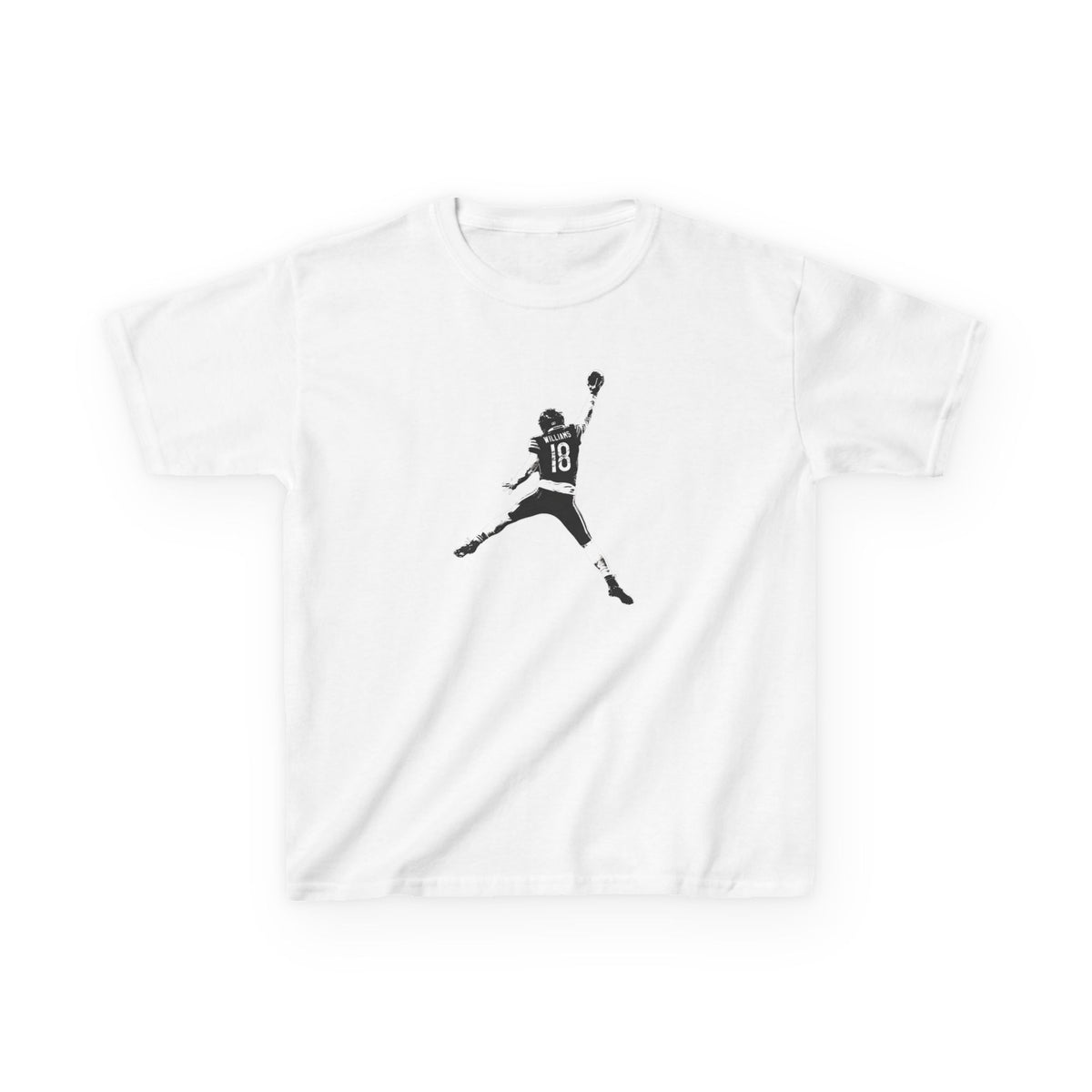 Youth Caleb Williams Jump Man t-shirt in white, front view