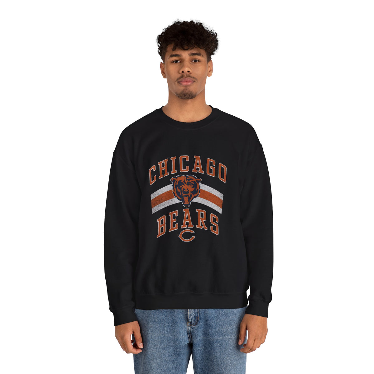 Chicago Bears retro crewneck sweatshirt in black, front view on a model
