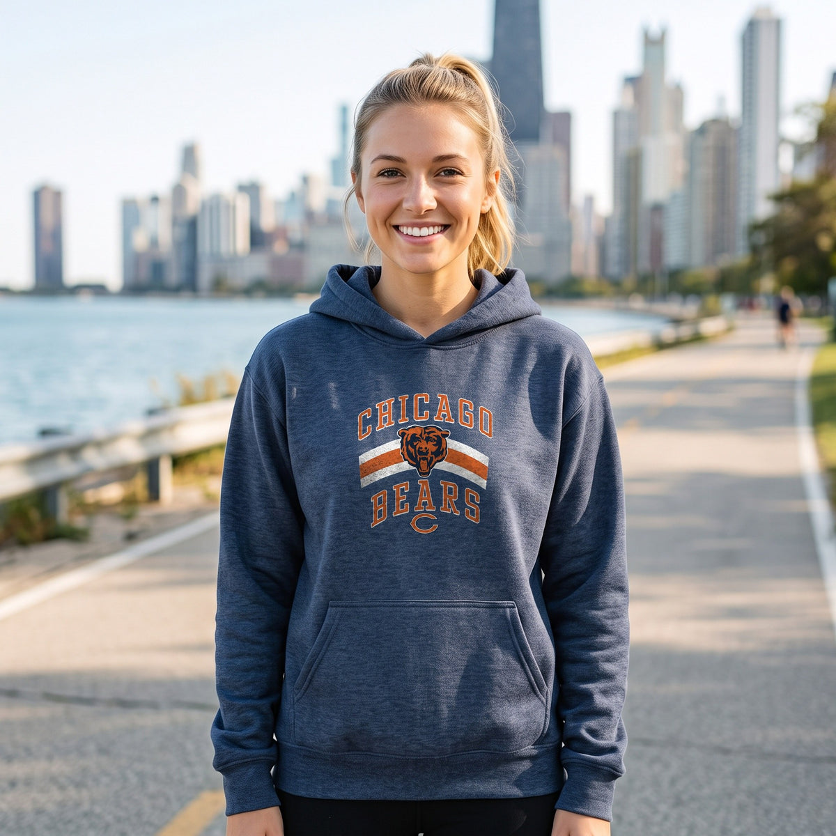 Chicago Bears retro hoodie in heather navy on the Lakefront Trail