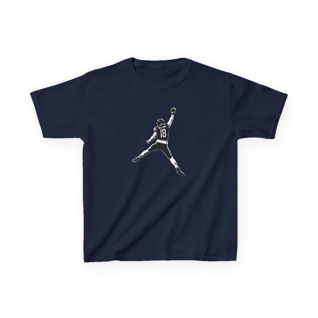 Youth Caleb Williams Jump Man t-shirt in navy, front view