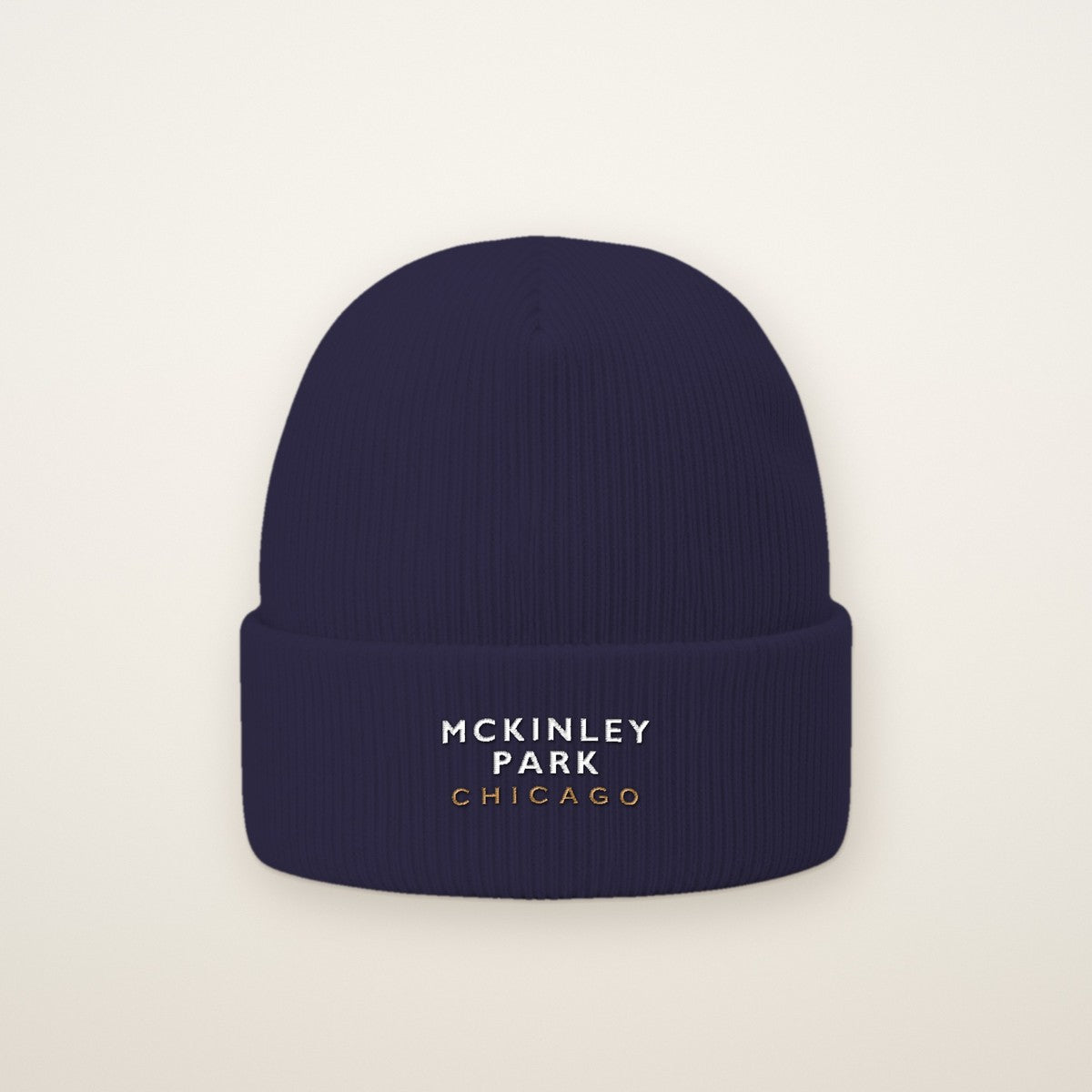 McKinley Park Chicago Embroidered Cuffed Beanie — White Thread