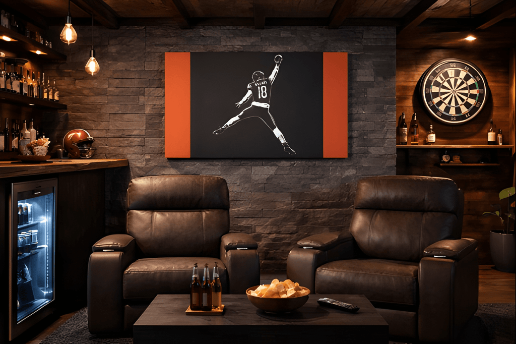 Caleb Williams navy and orange silhouette canvas in a man cave with leather recliners