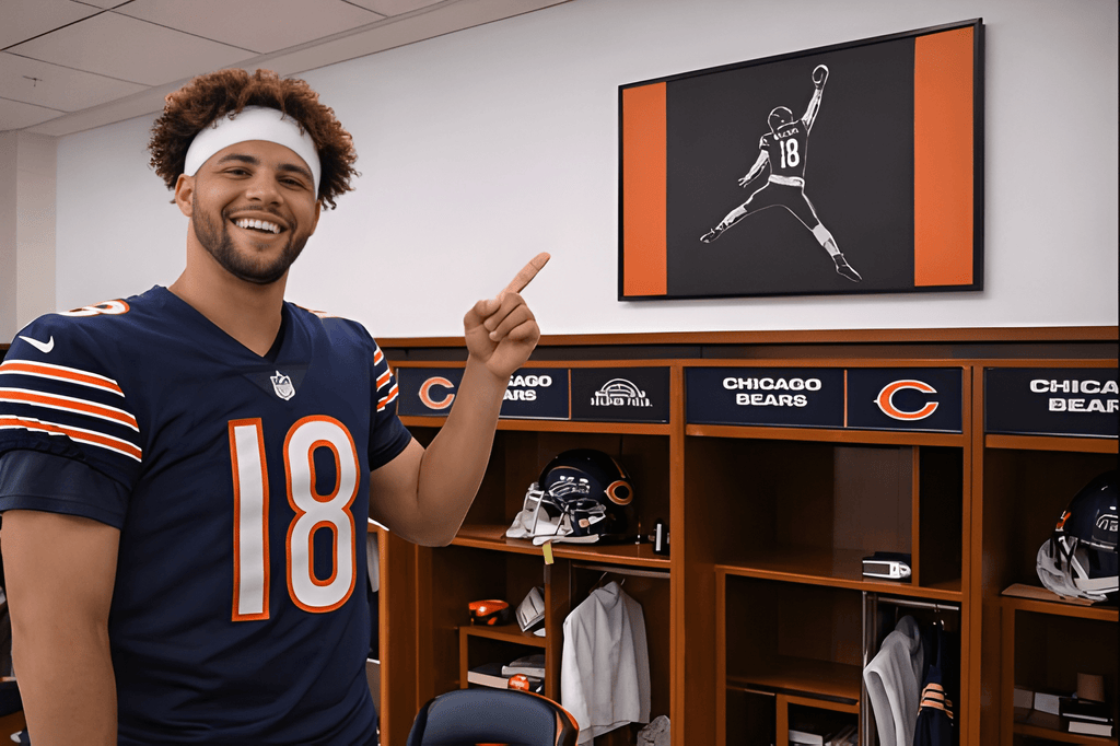 Caleb Williams navy and orange silhouette canvas in a fan locker-room display