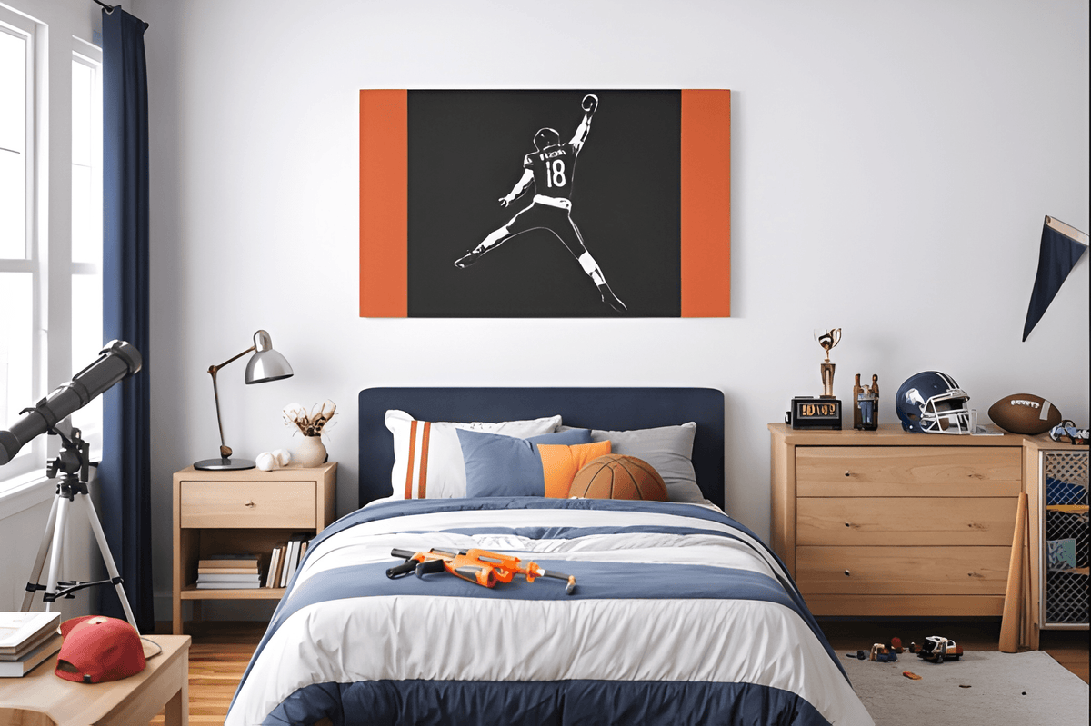 Caleb Williams navy and orange silhouette canvas above a bed in a bedroom