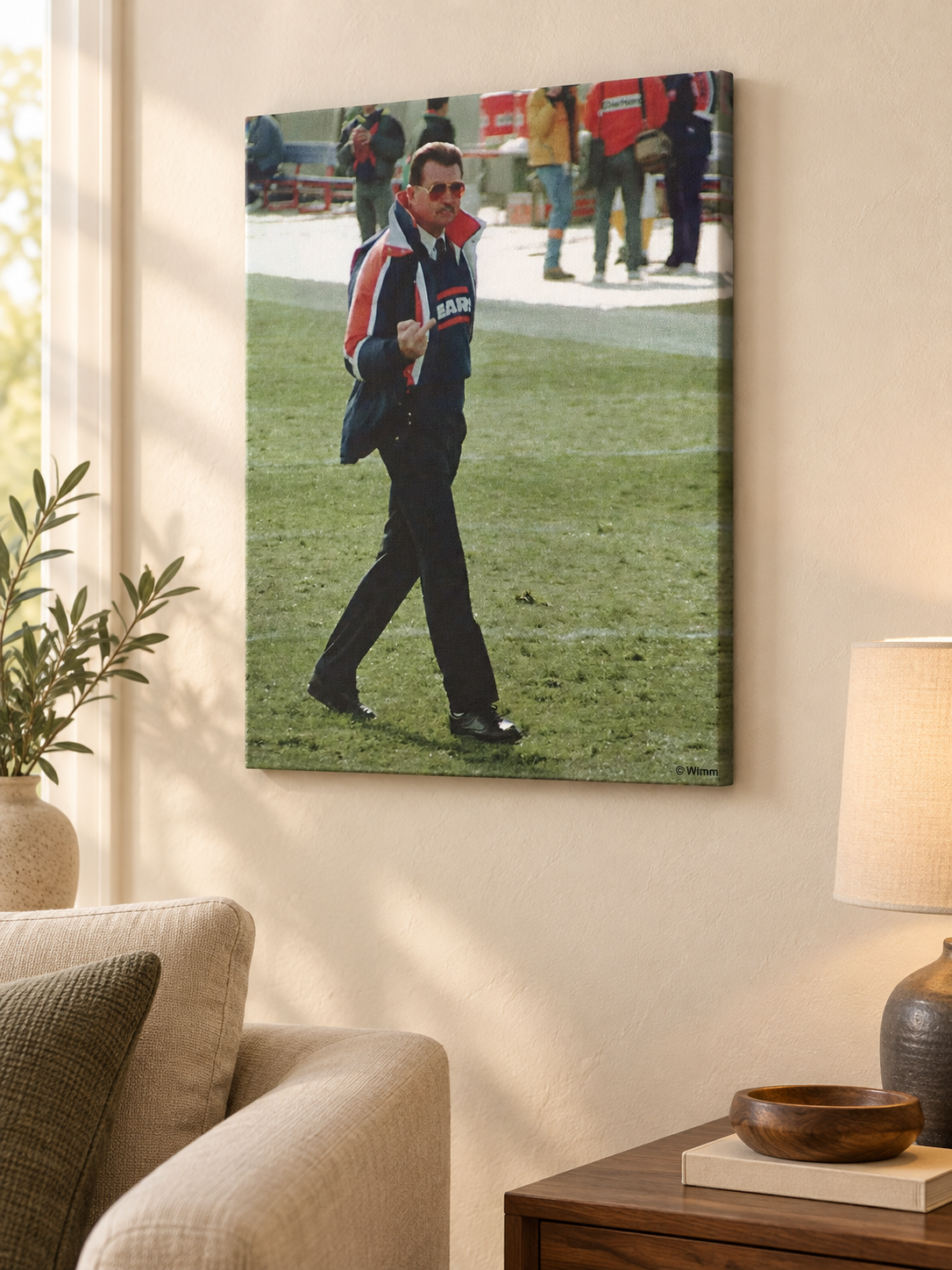 Mike Ditka Iron Mike portrait canvas on a living room wall beside a lamp