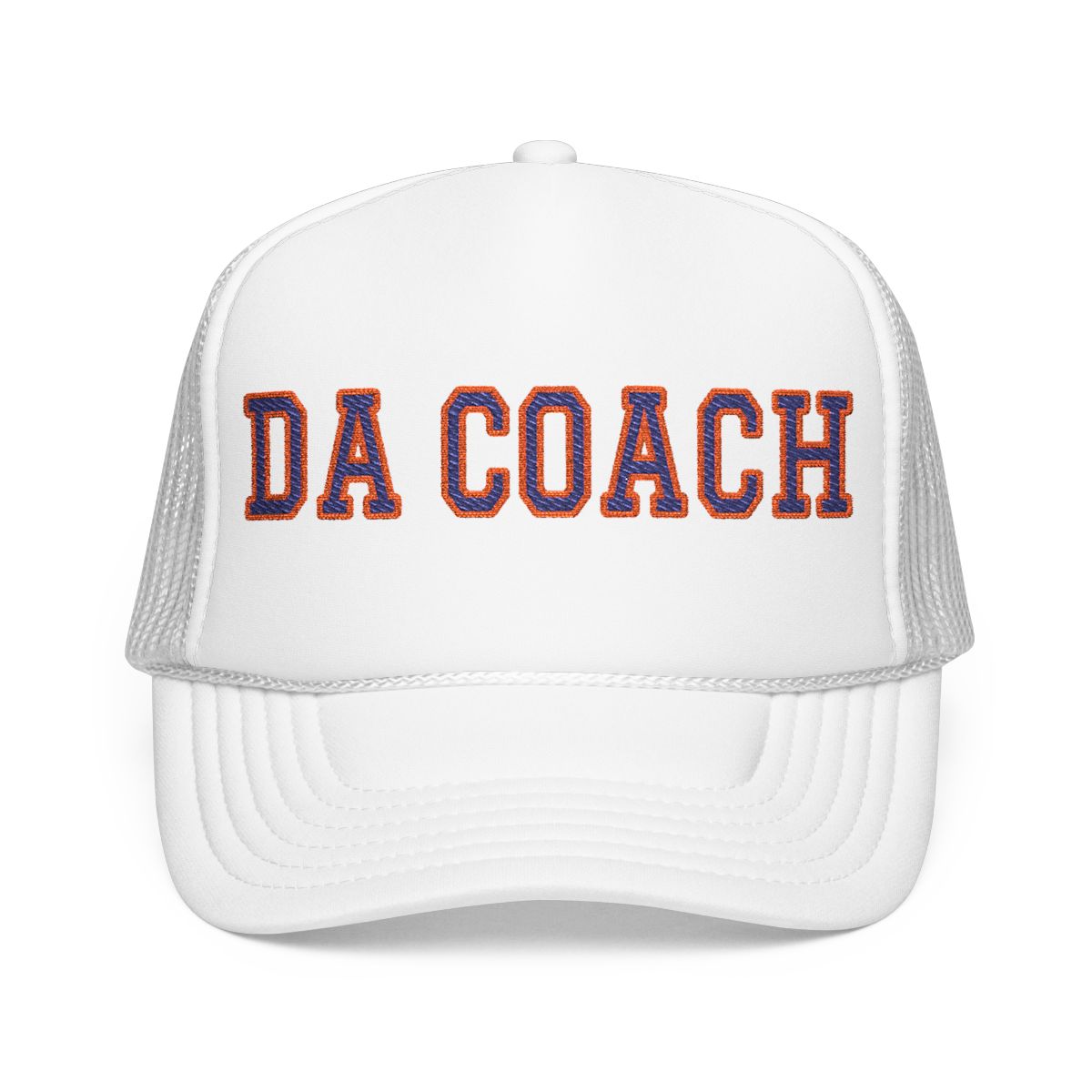 Da Coach embroidered foam trucker hat in all white, front view