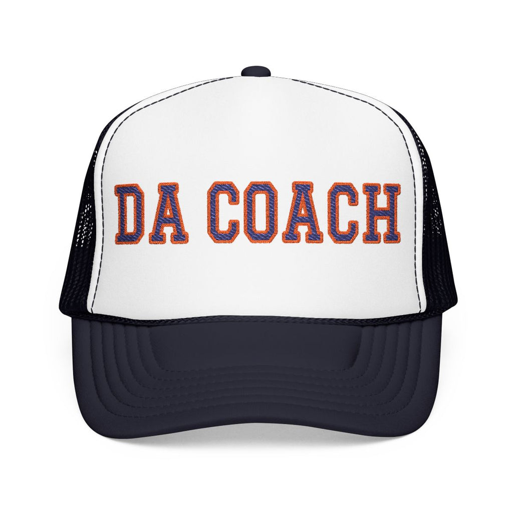 Da Coach embroidered foam trucker hat in white and navy, front view